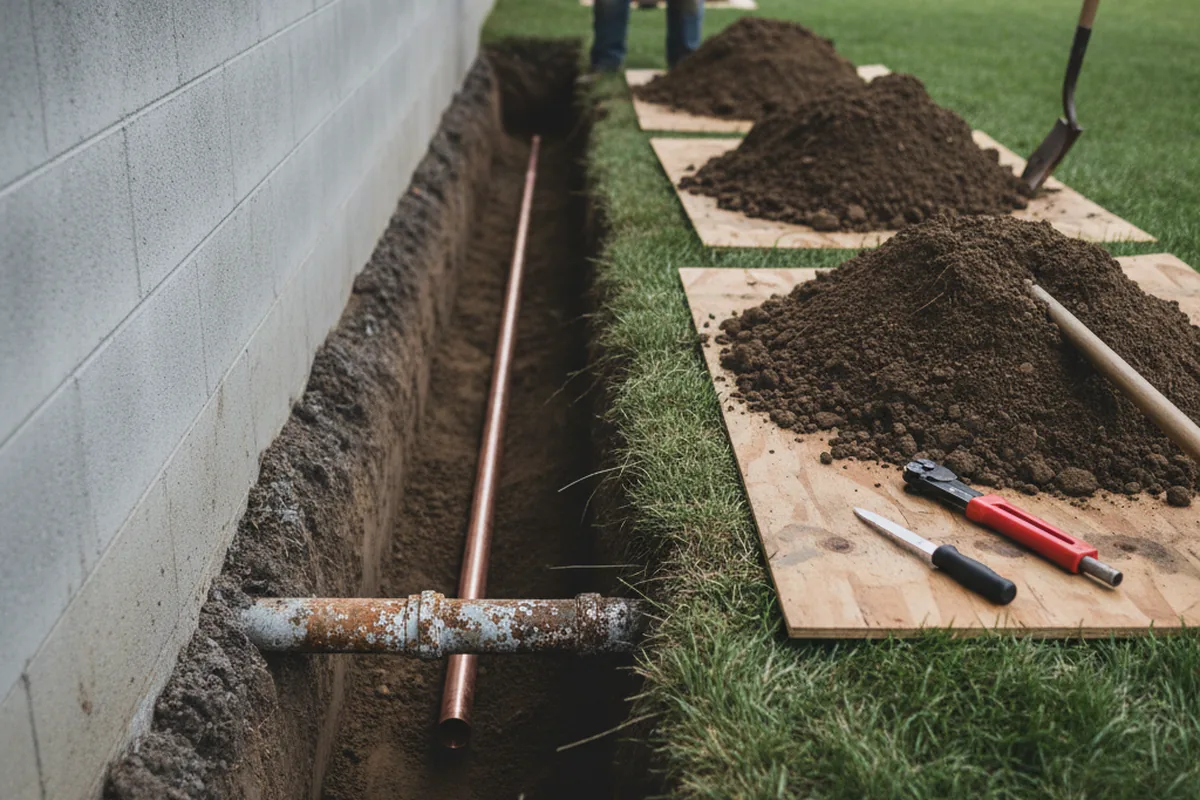 Excavated water line trench during Water Softener Installation in Seaford